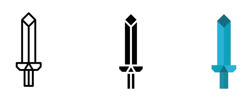 Sword icon set. A set of minimalist sword symbol icons in line, glyph, and color styles. Depicting a sharp edged weapon commonly used in fantasy, medieval, and adventure themes. vector
