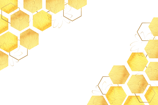 Honey combs and golden graphics elements in watercolor frame template. Hand drawn geometric banner with yellow and gold hexagons and floral elements for poster, card, invitation design png
