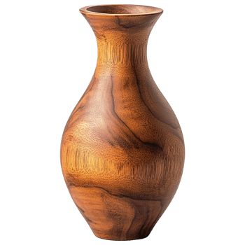 Handmade Wooden Vase with Curved Shape and Rich Brown Wood Pattern Isolated on Transparent Background png