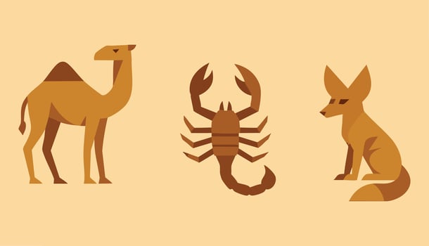Desert animals icons camel scorpion and goat on tan vector