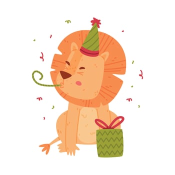 Cartoon lion with a party hat vector