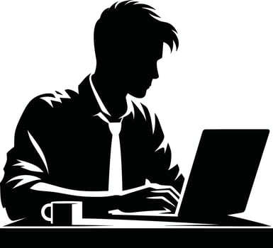 Silhouette of Businessman Working on Laptop at Desk vector