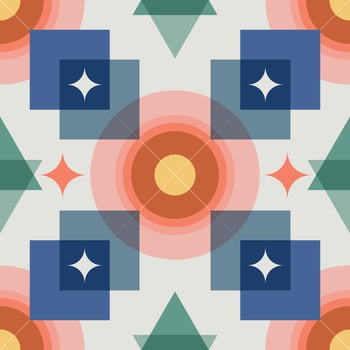 Seamless retro geometric pattern in vintage 60s 70s style with circles, squares, and curves. Colorful abstract design for fabric, wallpaper, posters, and decoration, not ai. vector