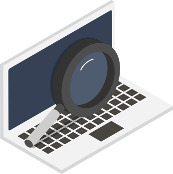 A laptop with a magnifying glass on it png
