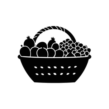 Black silhouette icon of a wicker basket filled with various fruits vector