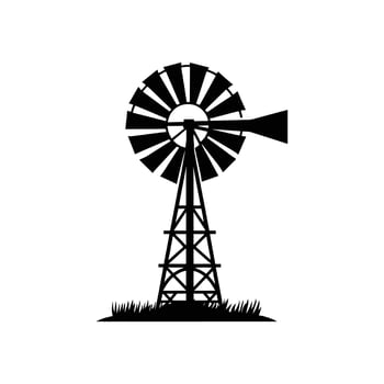 Black windmill icon, farm wind turbine silhouette, countryside energy source, white background vector