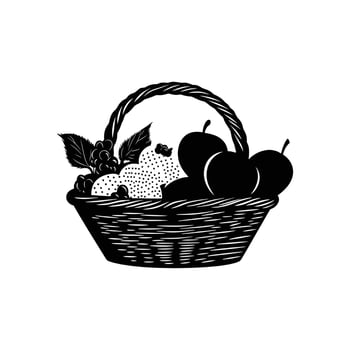 Basket of fruit black and white icon with apples and berries vector