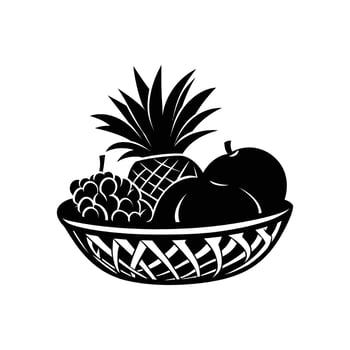 Black illustration of a fruit basket with grapes, pineapple, and apple vector
