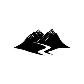 Black mountain range with river flowing through, icon on white background vector