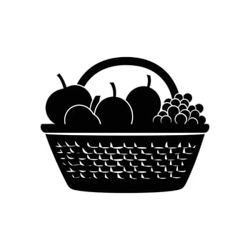 Black silhouette basket with apples and grapes icon on white background vector