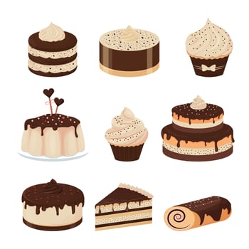 Assorted cakes and cupcakes in various styles vector