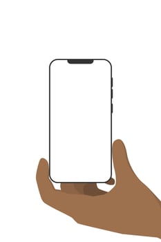 A hand displays a blank smartphone screen prominently. vector
