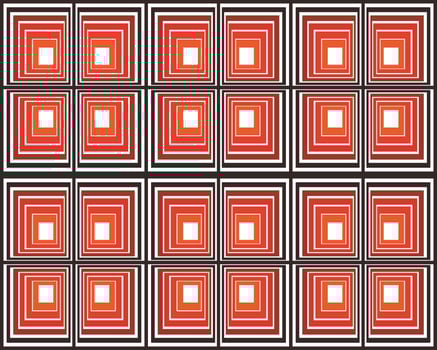 A vibrant patterned grid of red and white concentric squares, creating a dynamic geometric design on a dark black color background. vector