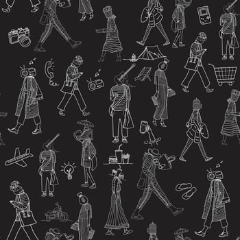 A seamless pattern of stylized, white line drawings depicting diverse people engaged in various activities against a black background. vector