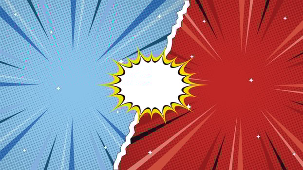 Colorful comic style background featuring halftone dots, explosive rays, and a central burst in blue and red tones, perfect for posters, banners, covers, and creative artworks. vector