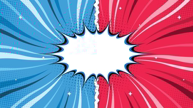 Bright comic style background featuring halftone dots, dynamic rays, and a central burst in red and blue colors, ideal for posters, banners, covers, and creative artworks. vector