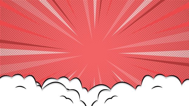 Retro comic style background featuring halftone dots, bright sunburst rays, and white cartoon clouds on a red backdrop, perfect for posters, covers, banners, and creative projects. vector