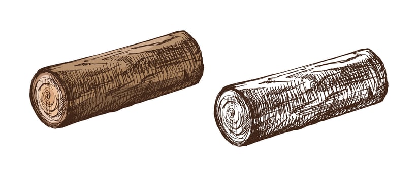 Hand drawn sketch of wooden log or timber piece in monochrome and color rustic style, isolated illustration vector