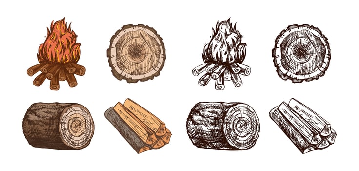 Hand-drawn wood and fire illustrations vector