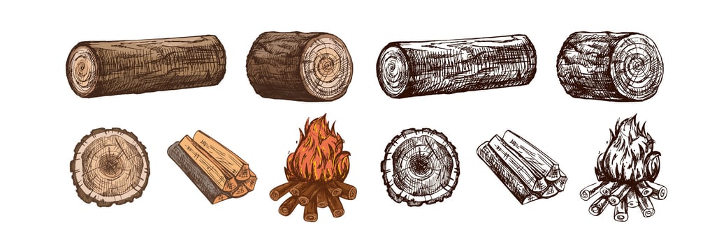 Hand-drawn logs and campfire illustrations vector