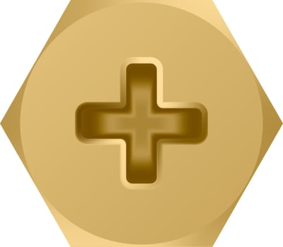 Close up of a gold colored hexagon head screw featuring a cross recess, positioned centrally, set against a transparent background, ideal for hardware, construction, or DIY related projects vector