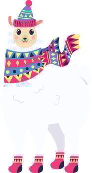 Illustration of a llama wearing a colorful patterned winter hat, scarf and socks, isolated on white background, representing warmth, comfort and the joy of the winter season vector