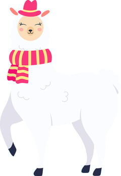 Charming illustration featuring a friendly white llama adorned with a pink hat and a striped scarf, radiating warmth and winter joy with its cheerful expression vector