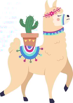 Cartoon llama carrying a potted cactus plant on its back, adorned with a colorful saddle blanket and a floral head wreath, presented in charming profile view vector