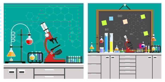 Chemistry lab with beakers and microscope vector