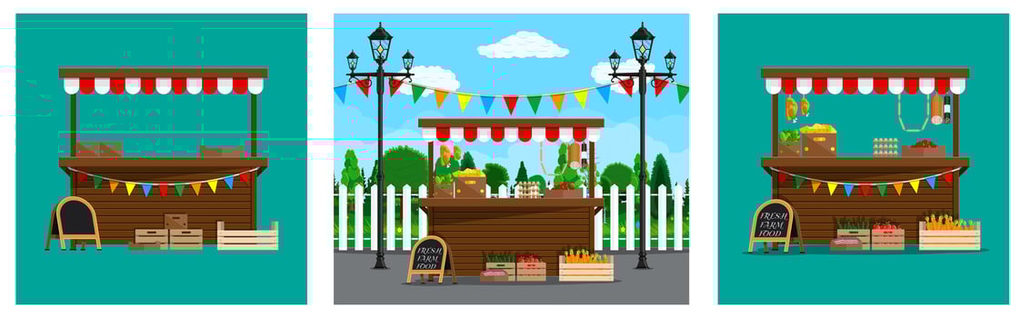 Illustration of market stalls with banners vector