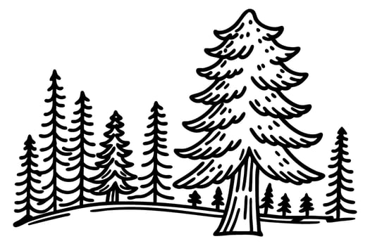Hand drawn evergreen forest illustration black and white pine tree landscape, simple nature sketch, woodland scene vector