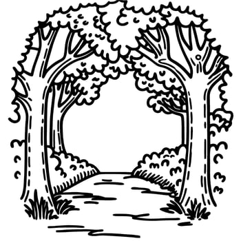 Pathway through forest trees with leafy canopy nature landscape scene, black and white line art illustration vector