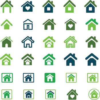 Collection of simple green and blue house icons with heart details vector