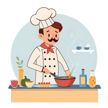 Cartoon Chef in Uniform Cooking with Ingredients png