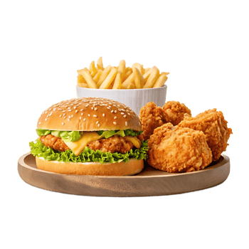 Fast Food Plate with Burger, Fries, and Fried Chicken png