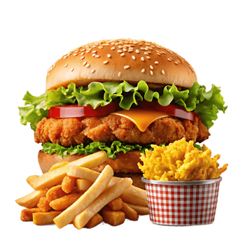 Delicious Fast Food Combo with Burger, Fries, and Fried Chicken png