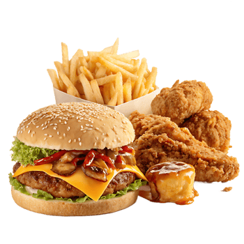 Fast Food Combo Meal with Burger, Fries, and Fried Chicken png