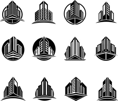 Collection of modern city building logos and icons vector