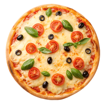 Delicious Whole Pizza with Cheese, Tomatoes, Olives, and Basil png