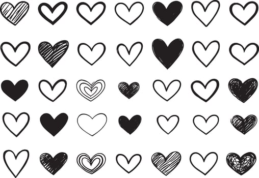 Collection of hand drawn heart shapes in various styles vector