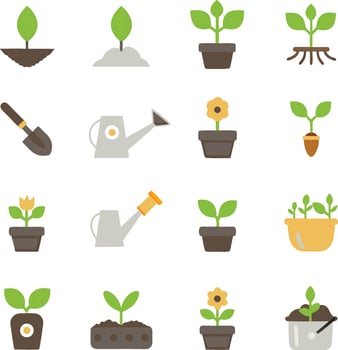 Gardening icons showing plant growth and tools vector