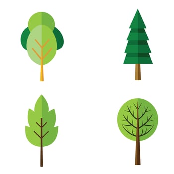 Four stylized flat design trees in green tones vector
