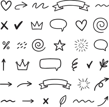 Hand drawn doodle elements collection with hearts arrows and ribbons vector