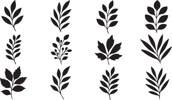 Collection of black silhouette botanical leaf branch illustrations vector