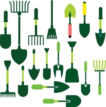 Collection of various garden tools in green and yellow colors vector