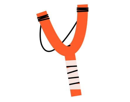 Hand drawn cute illustration of wooden slingshot. Flat hit the target doodle. Kids catapult game icon. Hunting sport. Make a shot with stone. Sling handmade weapon. Isolated. vector