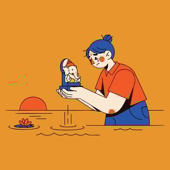 A person with a tearful expression performs the sacred ritual of Ganesha Visarjan, immersing the idol at sunset, a heartfelt farewell to the deity. vector