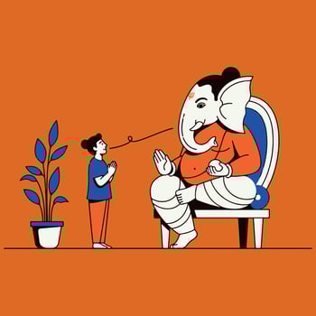 A spiritual illustration of a devotee standing before a seated Lord Ganesha, offering a prayer and receiving a divine blessing. vector