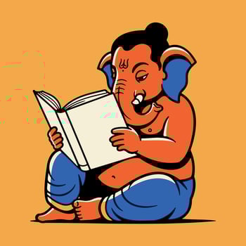 The Hindu god Ganesha, patron of intellect, is shown reading a book. A modern, minimalist illustration with a simple color palette on an orange background. vector
