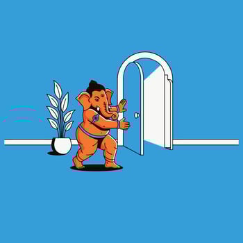Lord Ganesha opens a door, symbolizing a new path or future. Simple, modern illustration with a clean design on a vibrant blue background. vector